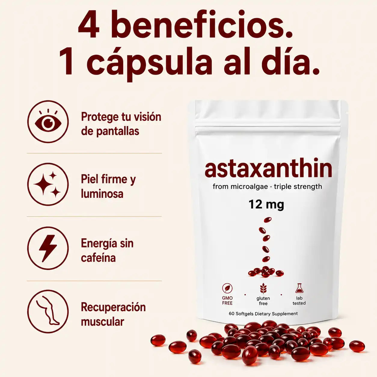 😲 [ÚLTIMAS UNIDADES] Astaxantina® 12mg | El Rey de los Antioxidantes | Protección Celular Profunda