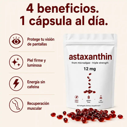 😲 [ÚLTIMAS UNIDADES] Astaxantina® 12mg | El Rey de los Antioxidantes | Protección Celular Profunda