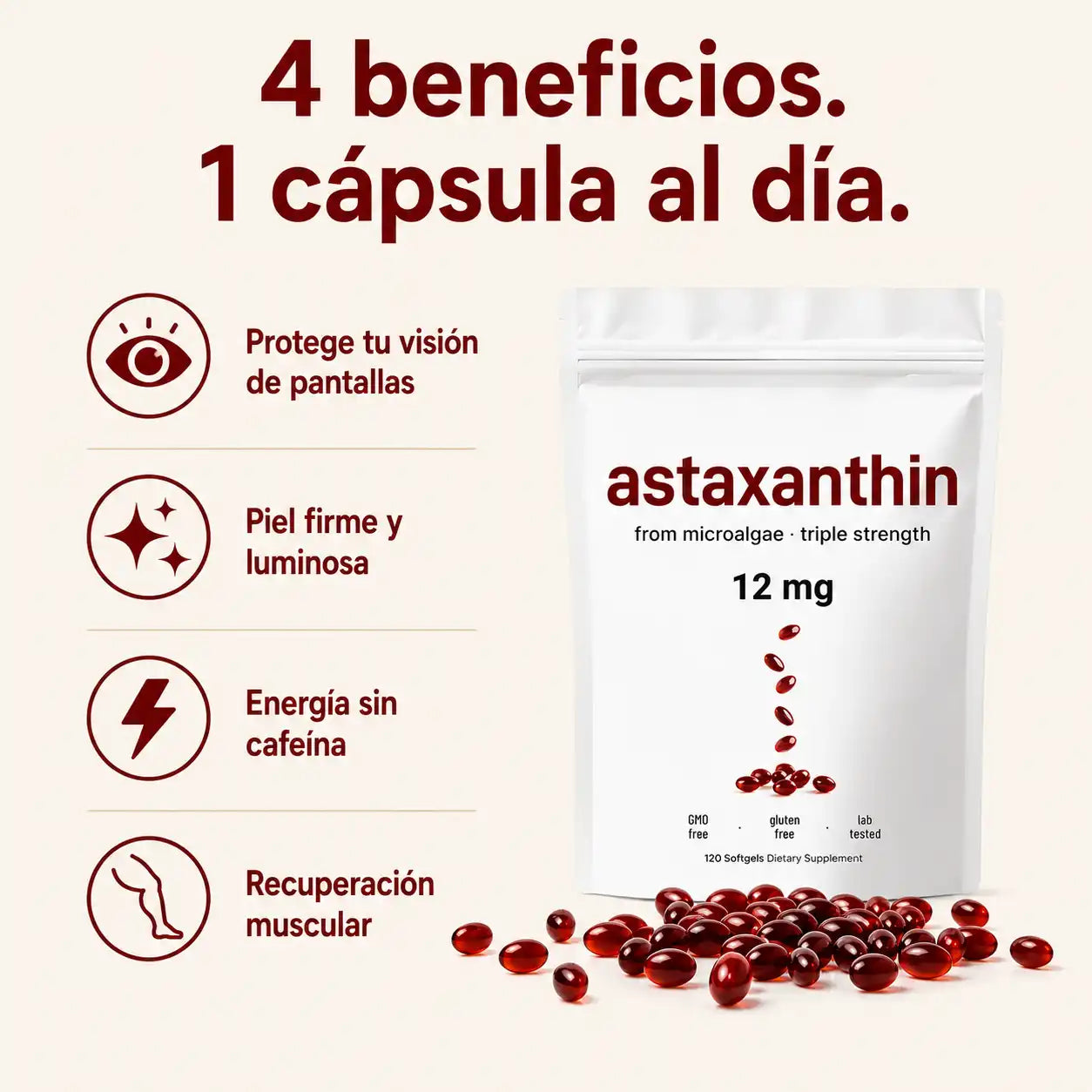 Astaxantina® 12mg | El Rey de los Antioxidantes | Protección Celular Profunda | Piel Joven + Energía Real