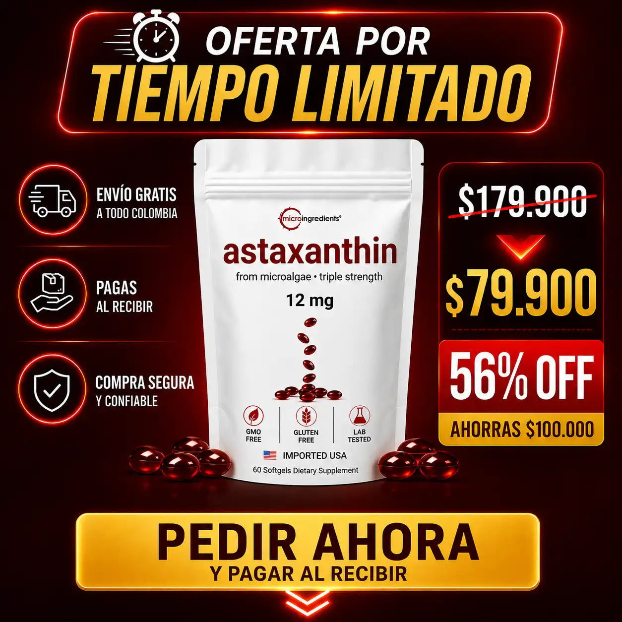 😲 [ÚLTIMAS UNIDADES] Astaxantina® 12mg | El Rey de los Antioxidantes | Protección Celular Profunda