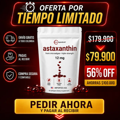 😲 [ÚLTIMAS UNIDADES] Astaxantina® 12mg | El Rey de los Antioxidantes | Protección Celular Profunda