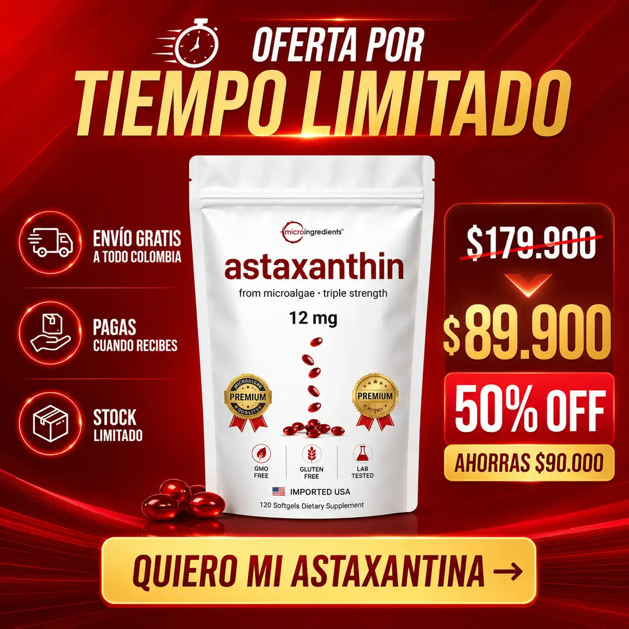 Astaxantina® 12mg | El Rey de los Antioxidantes | Protección Celular Profunda | Piel Joven + Energía Real